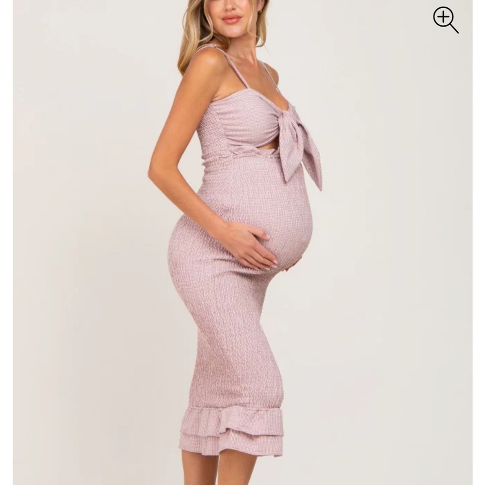 PinkBlush Maternity Mauve Gingham Print Smocked Fitted Self-Tie Midi Dress